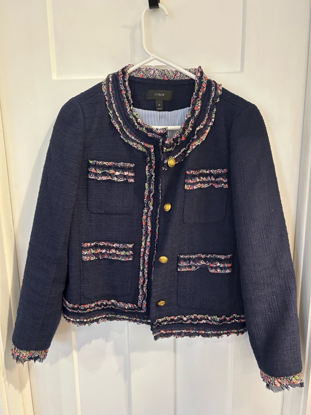 J. Crew Navy Tweed Jacket with Floral Ruffle Trim